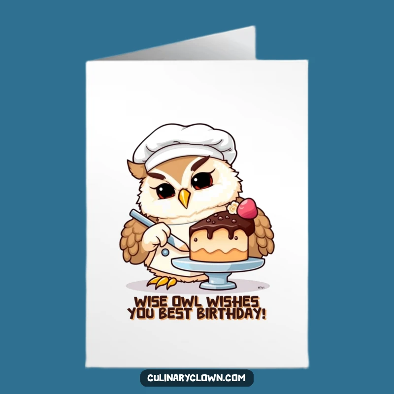 Free Printable Birthday Card: Funny Owl Chef Decorating Cake, Instant Download Gift