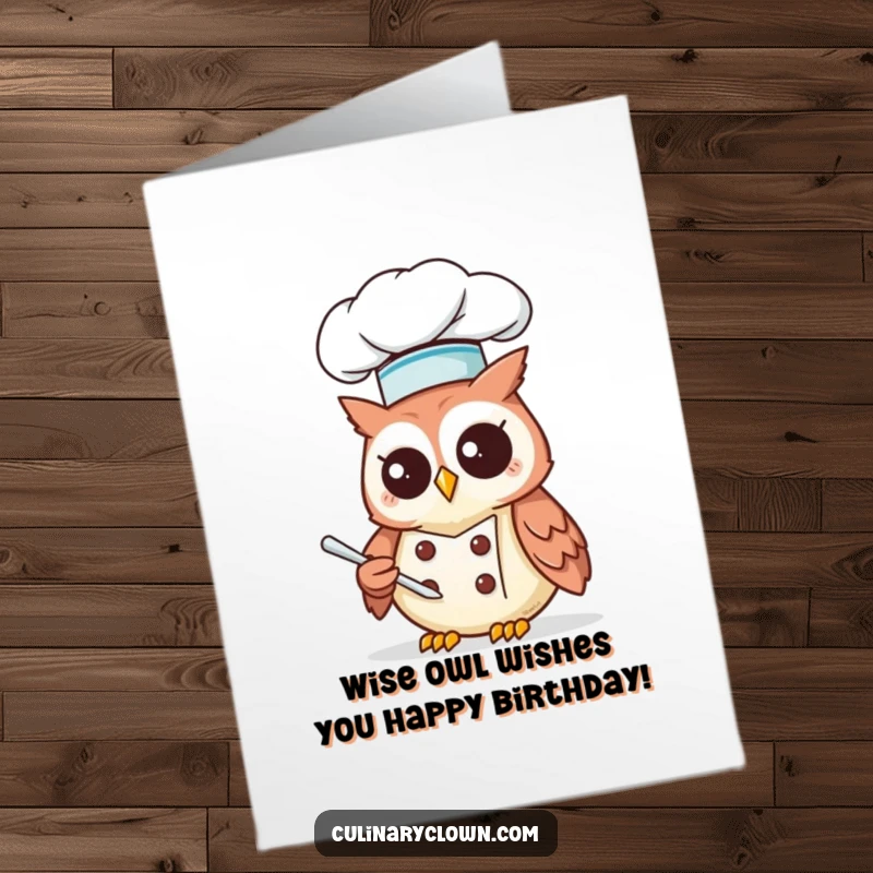 Funny Free Printable Happy Birthday Card featuring a Kawaii owl chef in a tall hat, pondering a recipe for a special occasion.