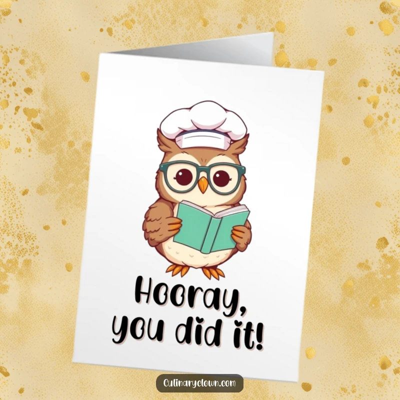 Funny free printable congratulations card with a smiling chef owl wearing glasses, reading a recipe, celebrating a great accomplishment.