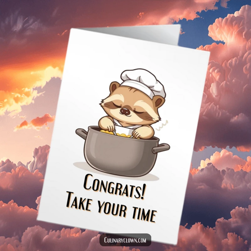 Funny Free Printable Congratulations Card showing a sleepy sloth chef slowly stirring a large pot, representing patient success.