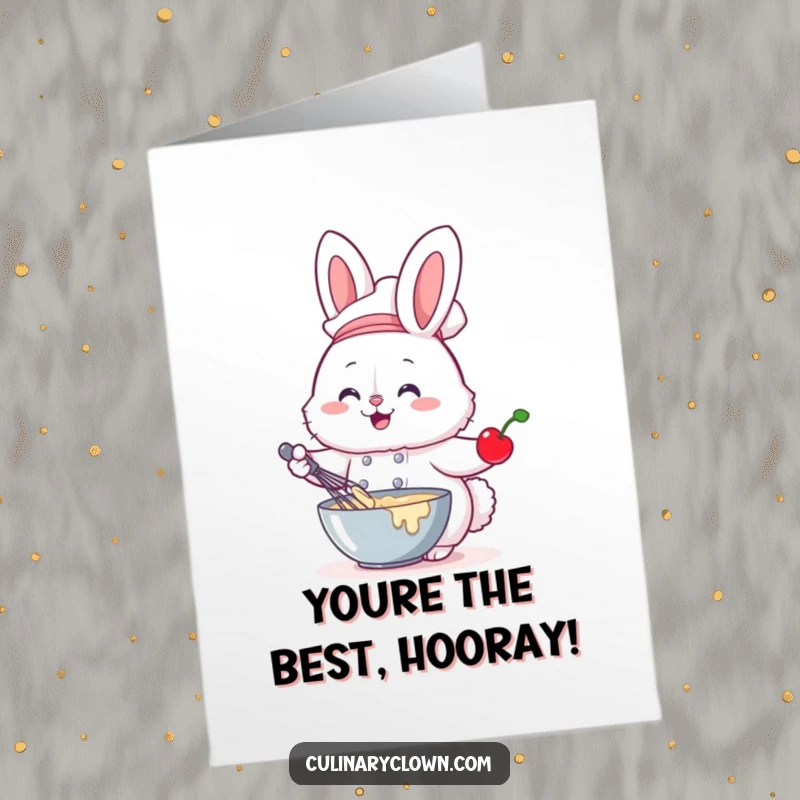 Funny Free Printable Congrats Card: An energetic bunny chef joyfully whisking batter, a cherry perched on its nose, celebrating success.