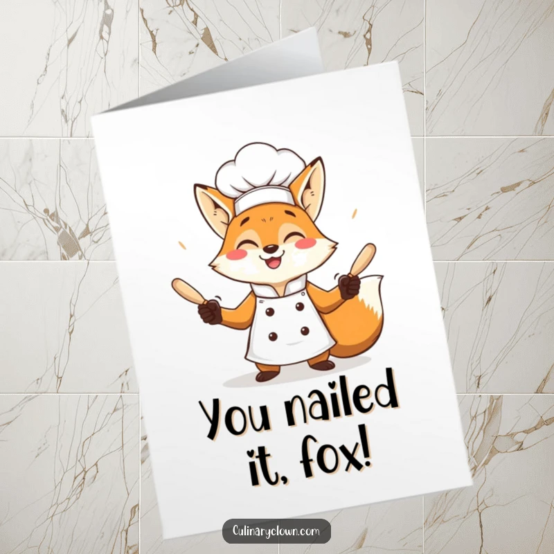 Funny free printable congratulations card showing a cheerful fox chef expertly juggling rolling pins to celebrate an accomplishment.