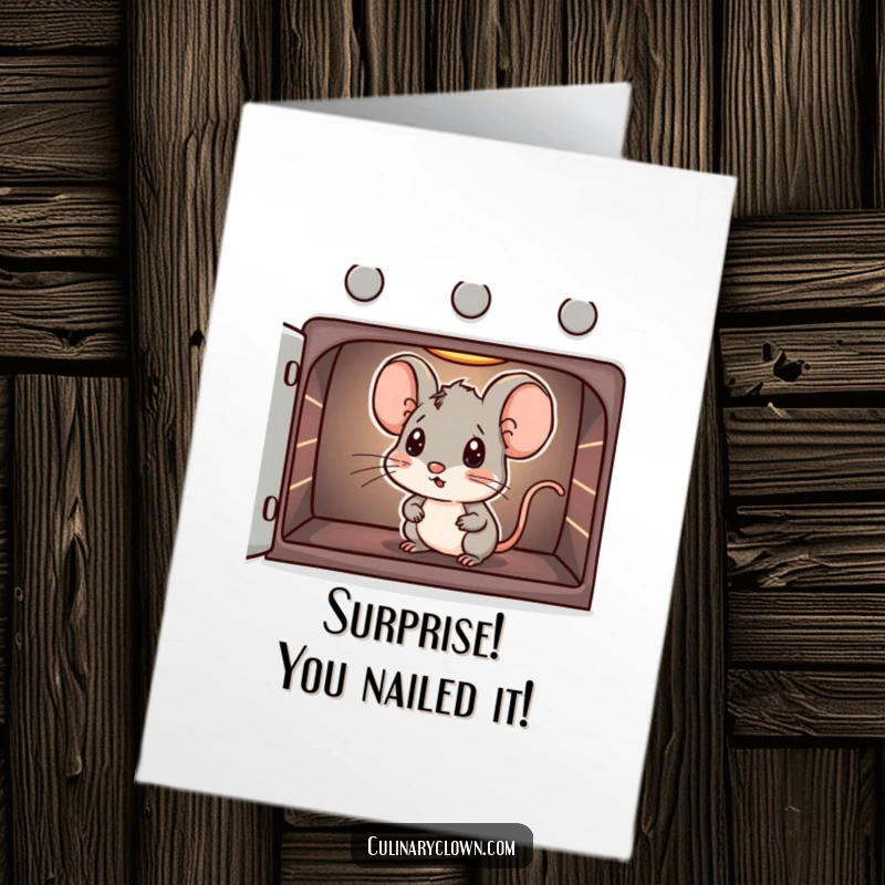 Funny Free Printable Congratulations Card: Small curious mouse character peeking into an oven, anticipating a sweet success.