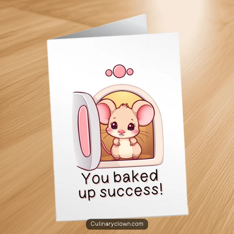 Free Printable Congratulations Card featuring a curious mouse character peeking into an oven with an expression of anticipation and fun.