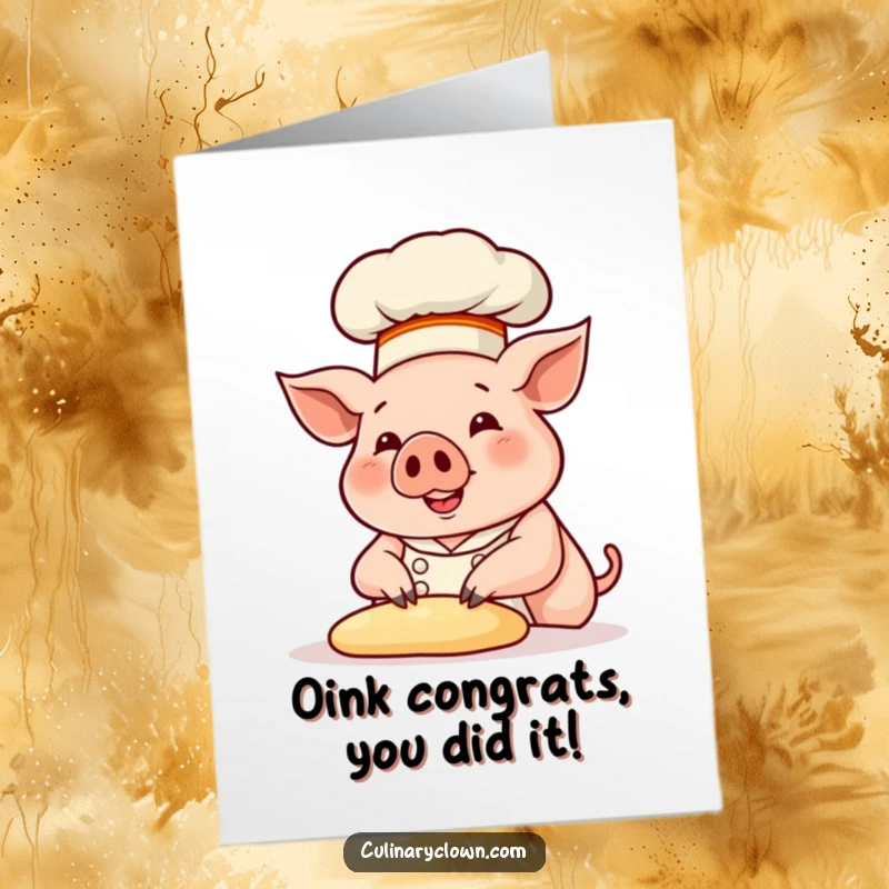 Free Printable Congratulations Card: A happy pig chef in a tall hat, proudly kneading dough to celebrate achievements.