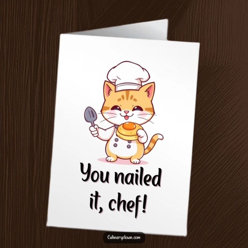 Funny Free Printable Congratulations Card: Confident cat chef flambéing a pancake, celebrating a win.
