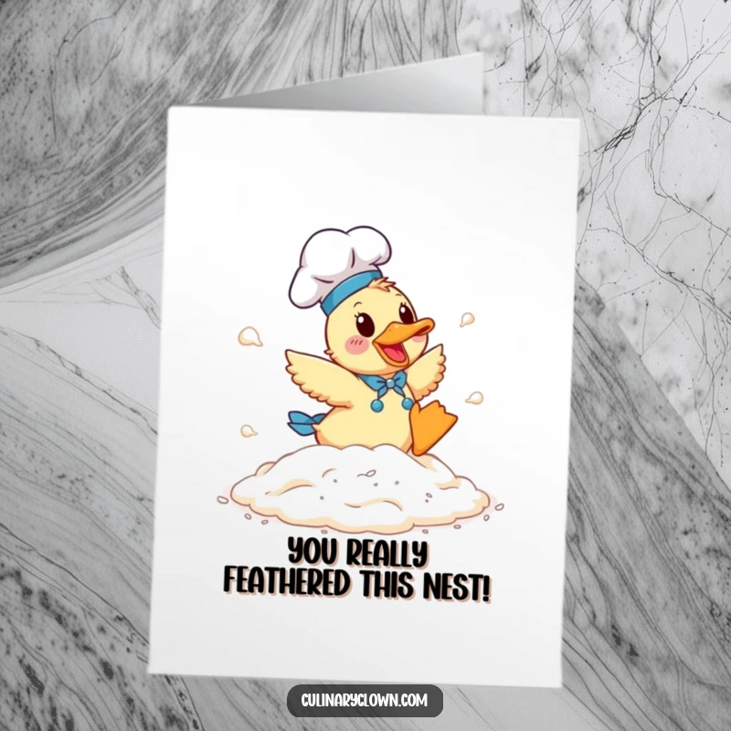 Funny Free Printable Congratulations Card: A cheerful duck chef joyfully tumbling in a fluffy cloud of flour.