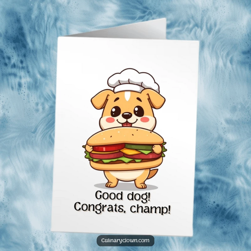 Funny Free Printable Congratulations Card: Kawaii dog chef proudly presenting a giant sandwich, celebrating a culinary triumph.