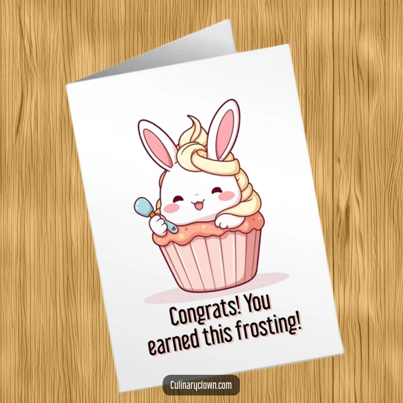 Charming Free Printable Congratulations Card: a kawaii bunny gleefully frosting a giant cupcake, celebrating success with sweetness.