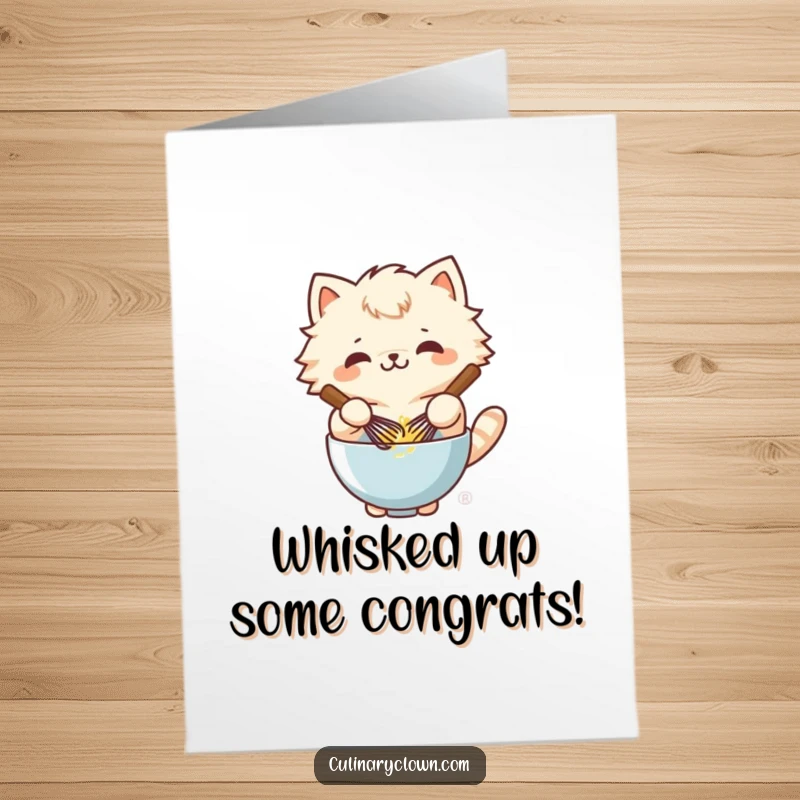 Amusing Free Printable Congratulations Card: a kawaii cat happily whisking batter, celebrating success with whisking glee.
