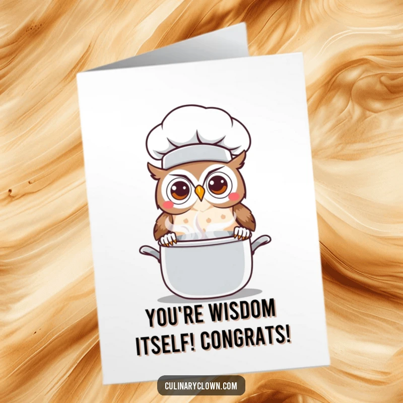 Funny Free Printable Congrats Card: Kawaii owl chef curiously peeks from a pot, celebrating your new achievement!