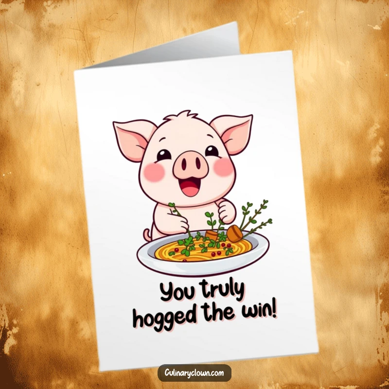Charming Free Printable Congratulations Card: a kawaii pig excitedly garnishing a dish with herbs, celebrating success with flair.