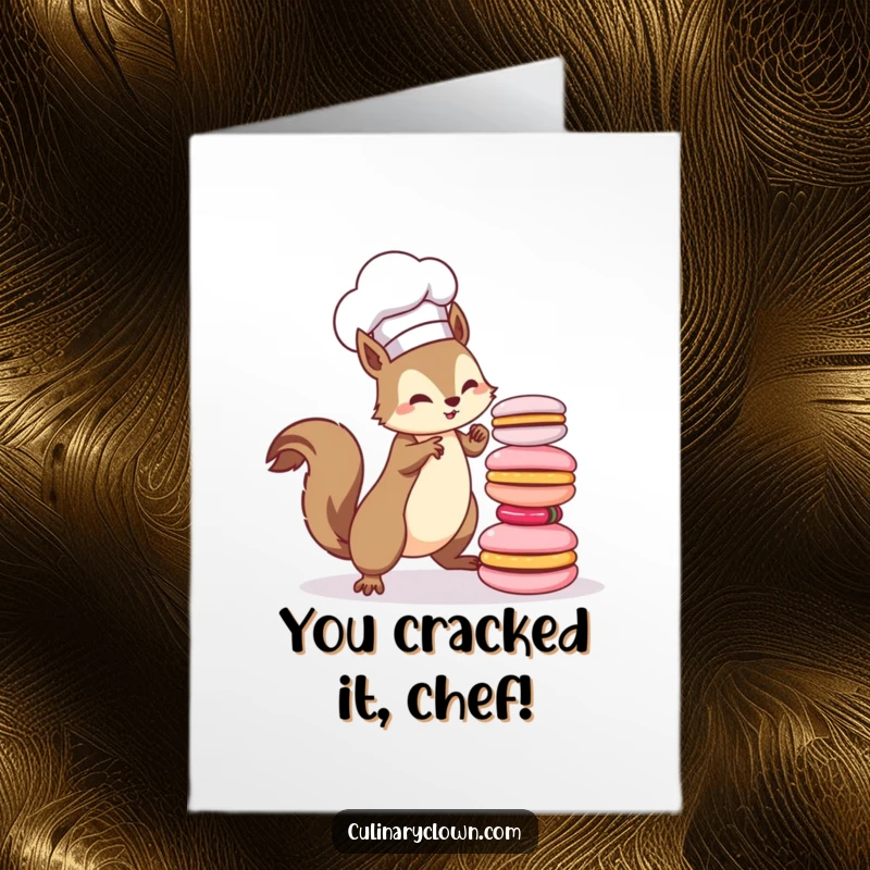 Funny Free Printable Congratulations Card: A kawaii squirrel chef proudly presents a slightly precarious tower of colorful macarons.