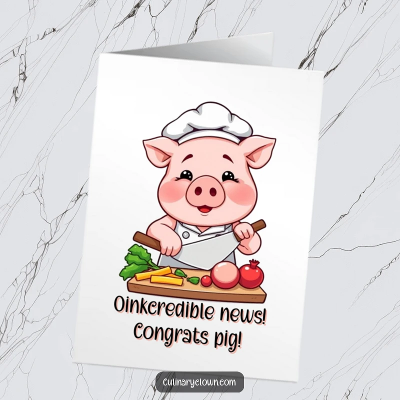 Funny Free Printable Congratulations Card: A focused pig chef expertly chops vegetables, celebrating your big win.