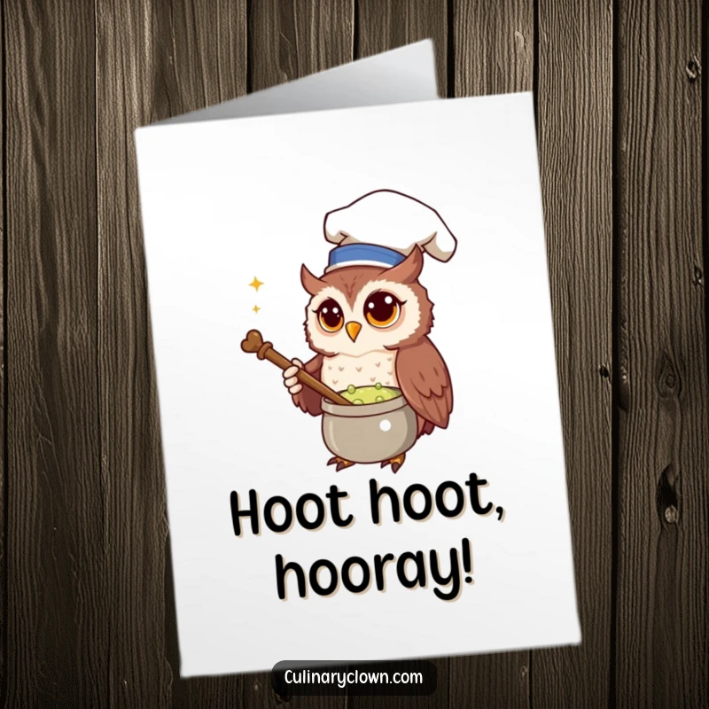 Funny Free Printable Congratulations Card showing a curious owl chef stirring a bubbling potion, symbolizing a successful concoction.