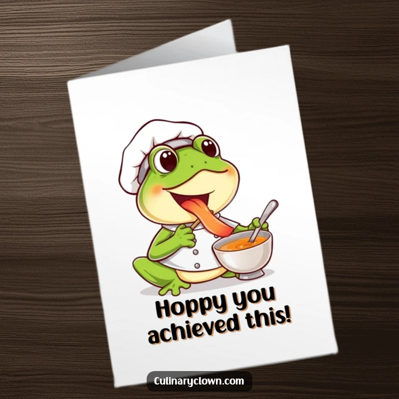 Funny free printable congratulations card of an ecstatic frog chef tasting soup, perfect for celebrating triumphs with joy and flavor.