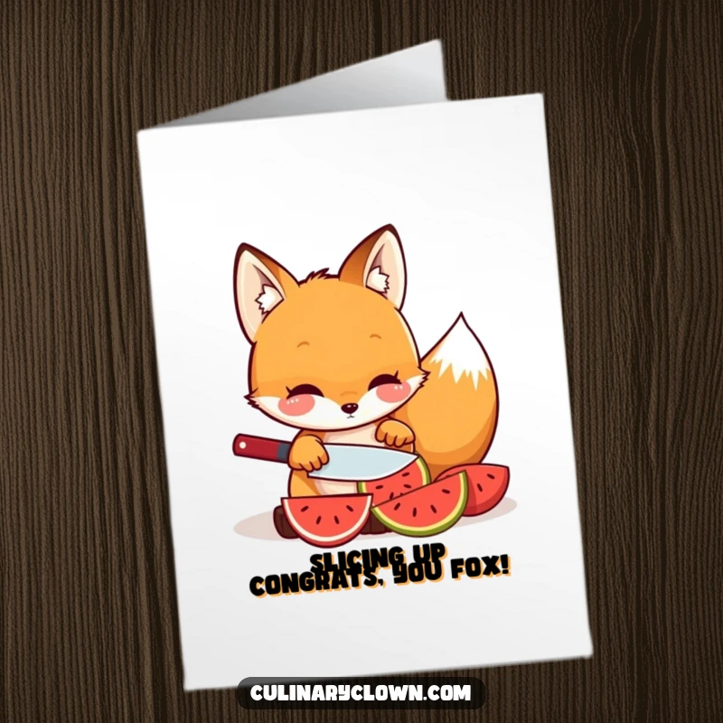 Charming Free Printable Congratulations Card: a kawaii fox carefully slicing fruit, celebrating success with sharp precision.
