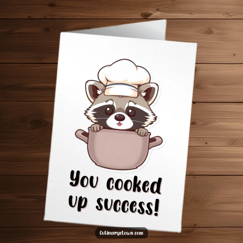 Funny Free Printable Congratulations Card: Chef raccoon peeking with excitement from behind a pot, celebrating your big win.