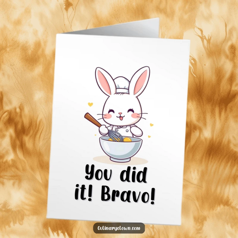 Funny Free Printable Congrats Card: A kawaii rabbit chef enthusiastically whisks, celebrating your big win!