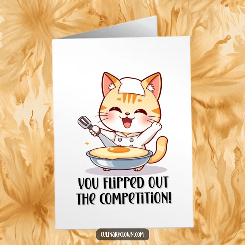 Funny Free Printable Congratulations Card: Smiling cat chef enthusiastically attempting a giant pancake flip, celebrating a successful victory.