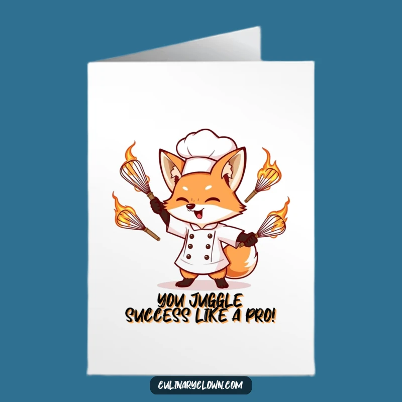 Free Printable Funny Fox Chef Congrats Card: Juggling Success, Downloadable Achievement Gift