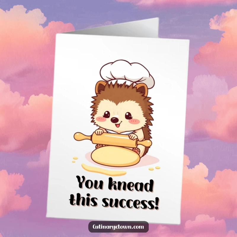 Funny Free Printable Congratulations Card: A kawaii hedgehog chef focuses on rolling dough with a miniature pin, celebrating their project success.