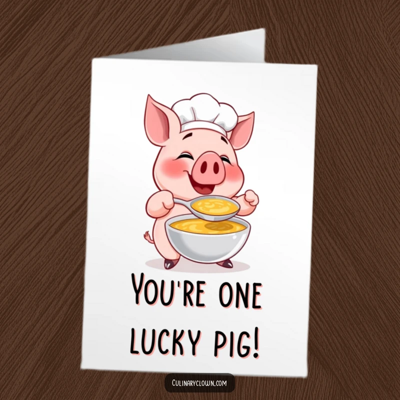 Funny Free Printable Congratulations Card: A gleeful pig chef savors a giant spoonful of soup, celebrating your win.