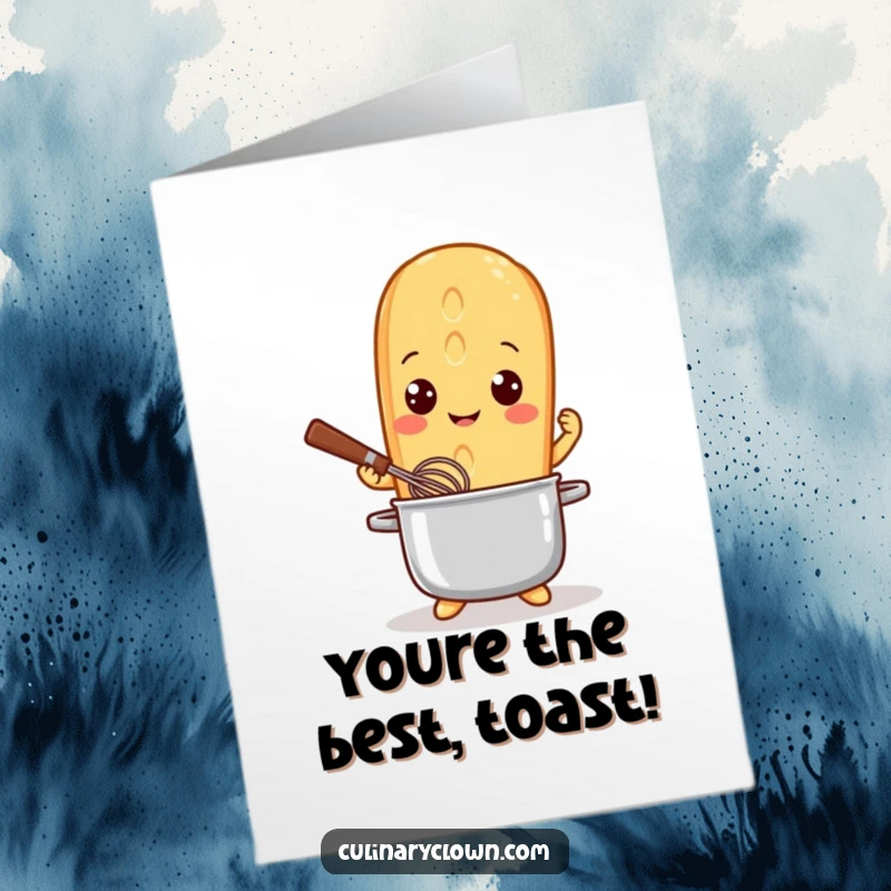 Funny Free Printable Congratulations Card showing a happy baguette chef whisking a pot, celebrating a big win with flair.