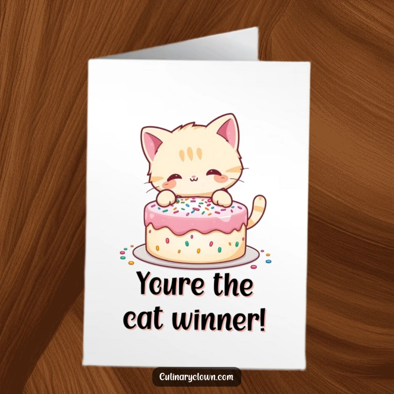 Funny Free Printable Congratulations Card: A playful cat adds sprinkles to a cake, celebrating your sweet success.