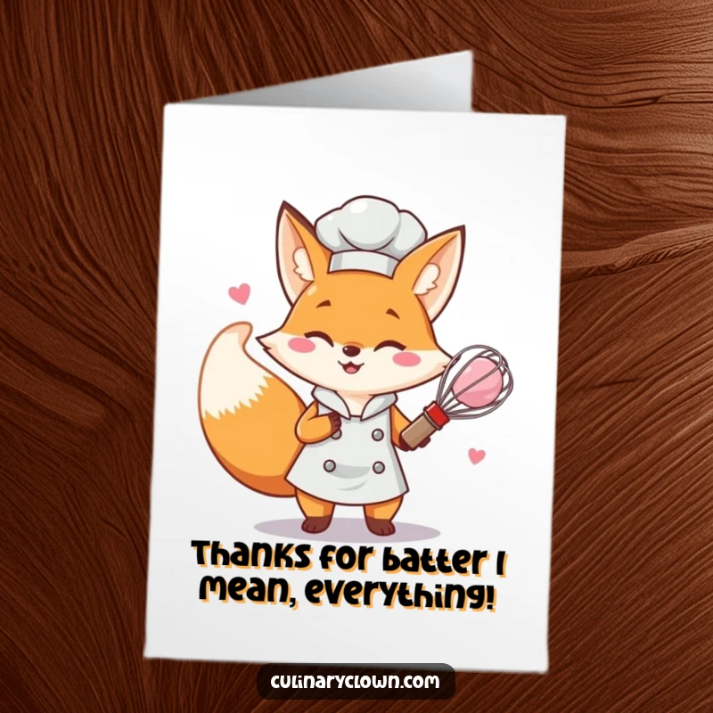 Funny Free Printable Thank You Card: Fox chef enthusiastically whisking batter, a sweet thank you for food lovers.