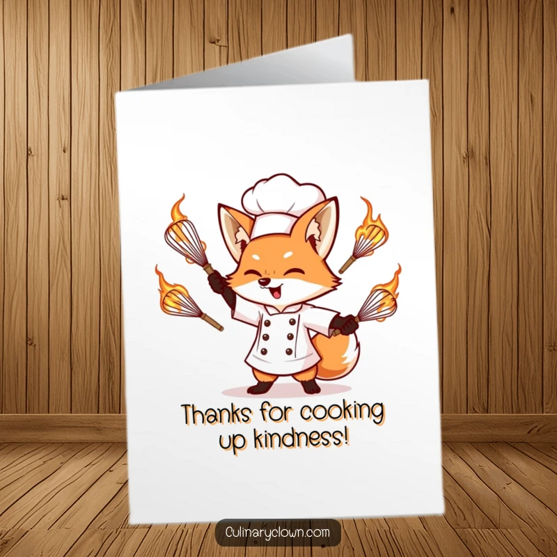 Funny Free Printable Thank You Card: Determined fox chef juggling flaming whisks, expressing gratitude, downloadable art.