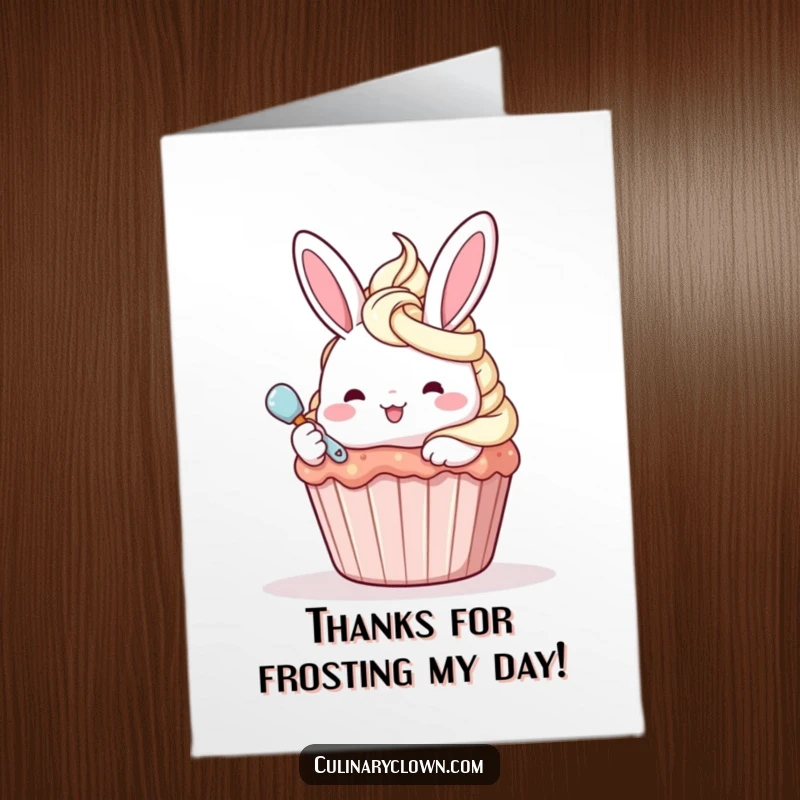 Adorable Free Printable Thank You Card featuring a kawaii bunny frosting a cupcake, expressing sweet and funny gratitude.