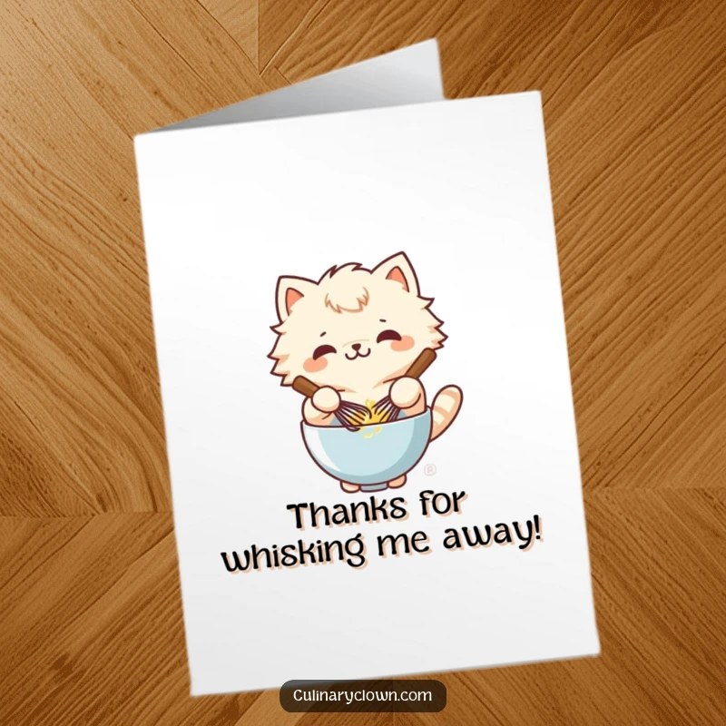Funny Free Printable Thank You Card featuring a kawaii cat whisking batter gleefully, a sweet and humorous thank you.