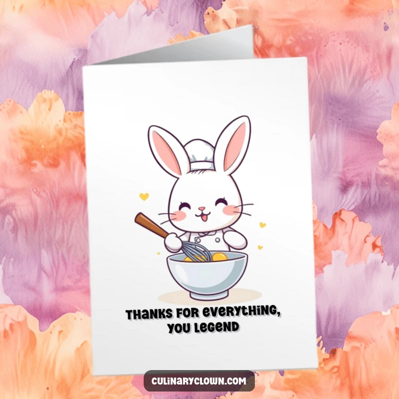 Funny Free Printable Thank You Card: Kawaii rabbit chef whisks ingredients, sending thanks with a smile.