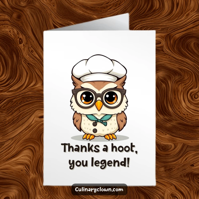 Funny Free Printable Thank You Card: Kawaii owl chef with precariously perched spectacles, offering thanks.