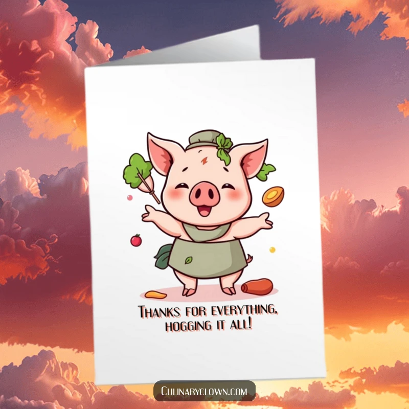 Funny Free Printable Thank You Card with a happy pig chef juggling food items, a delightful way to say thanks.