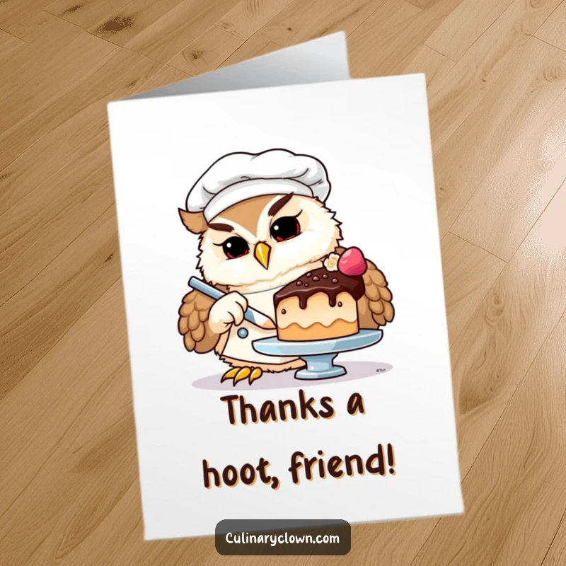 Funny Free Printable Thank You Card with a wise owl chef presenting a tiny, beautifully decorated cake with sincerity.
