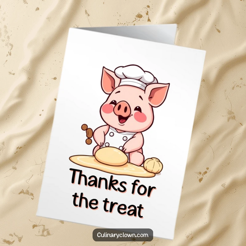 Funny free printable thank you card featuring a happy chef pig character kneading dough, conveying sincere gratitude with a baking theme.