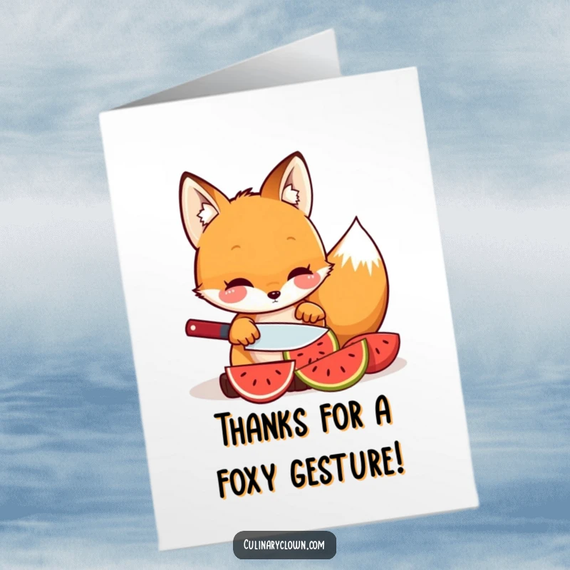 Funny Free Printable Thank You Card featuring a kawaii fox slicing fruit, a sweet and humorous thank you.