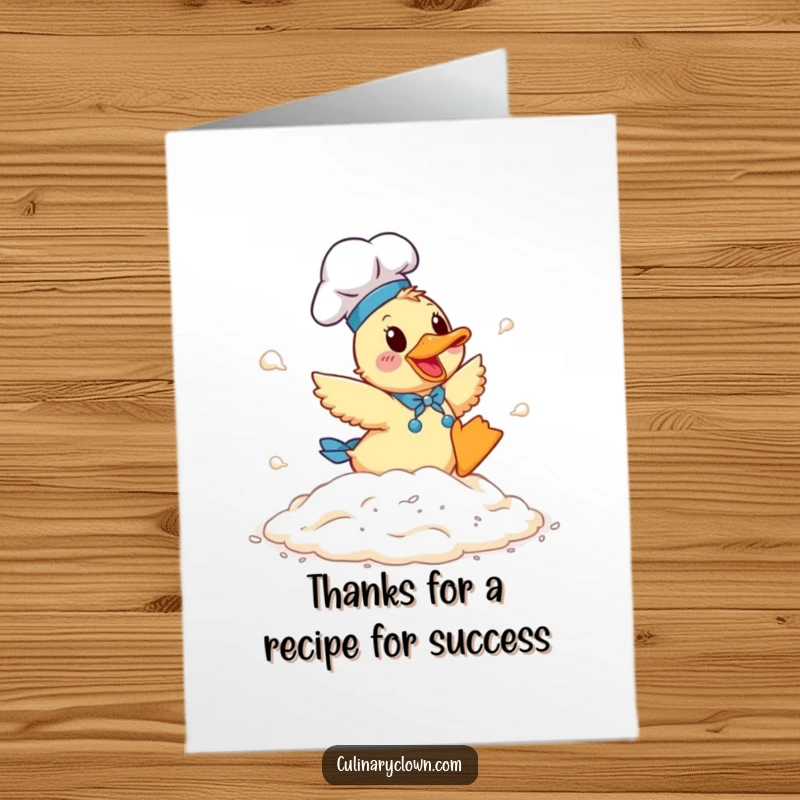 Funny Free Printable Thank You Card: A happy duck chef tumbling playfully in a pile of flour, expressing thanks.