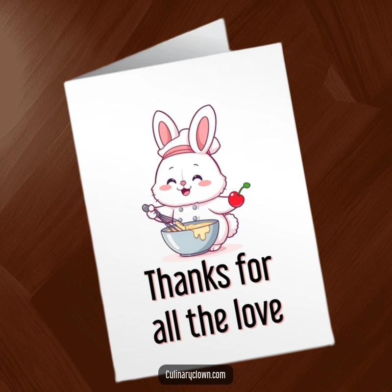 Funny Free Printable Thank You Card: A delightful bunny chef enthusiastically whisking batter, a cherry balancing on its head, with a grateful look.