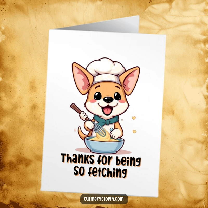 Funny Free Printable Thank You Card: A dog chef with floppy ears joyfully whisking batter, saying thanks.
