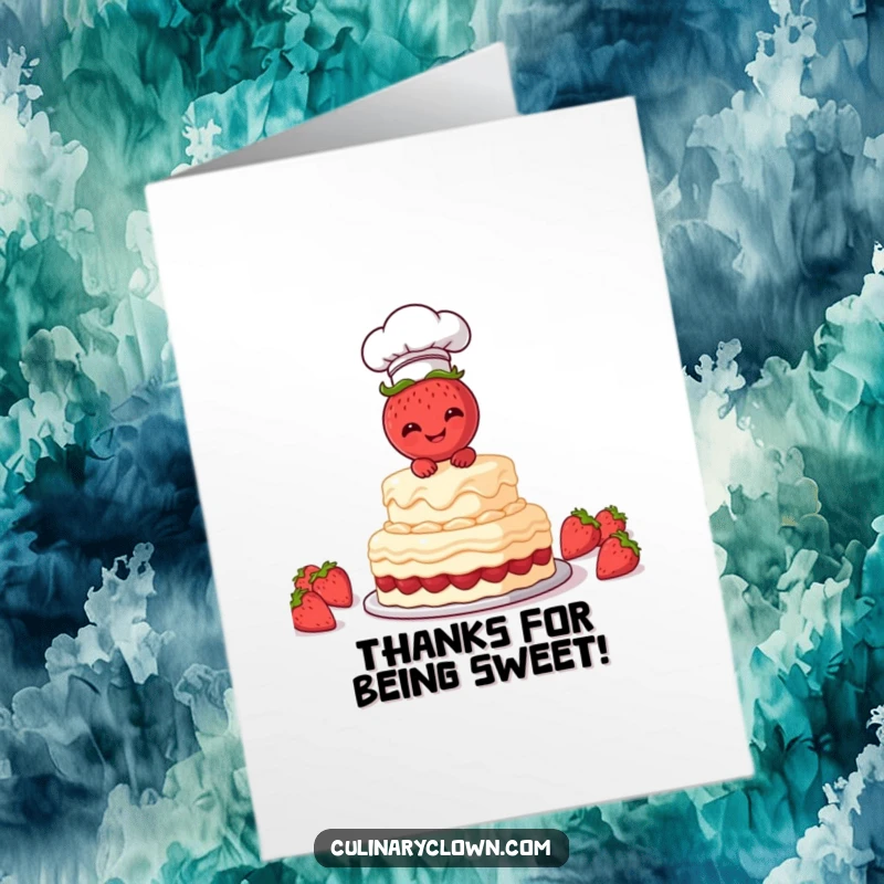 Funny free printable thank you card showing a smiling strawberry chef presenting a perfectly frosted cake, conveying heartfelt thanks.