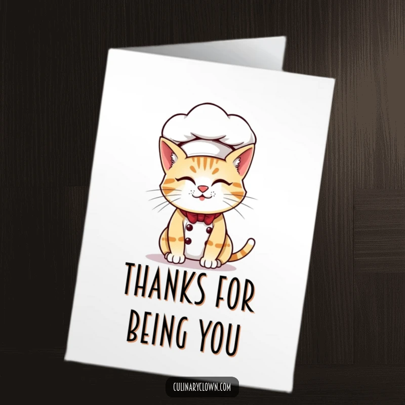Funny Free Printable Thank You Card: A cute cat chef wearing a chef hat that’s comically too big, tilted with a playful wink.