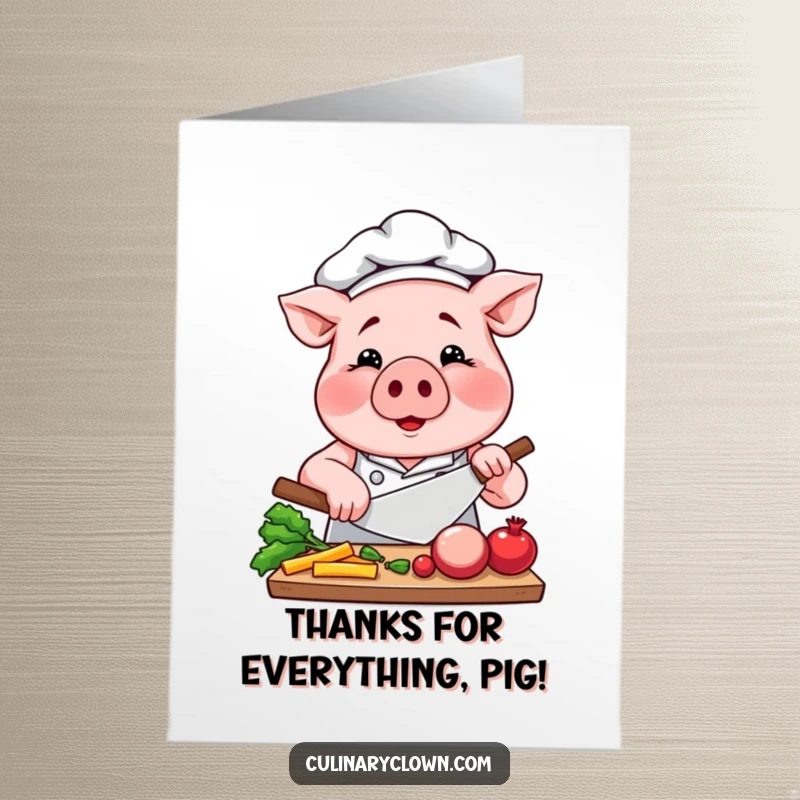 Funny Free Printable Thank You Card: A smiling pig chef is busy chopping vegetables, sending thanks your way.
