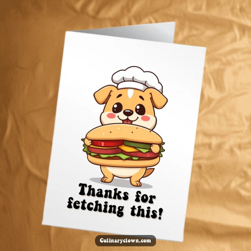 Funny Free Printable Thank You Card: Kawaii dog chef proudly displaying a huge sandwich creation, showing gratitude.