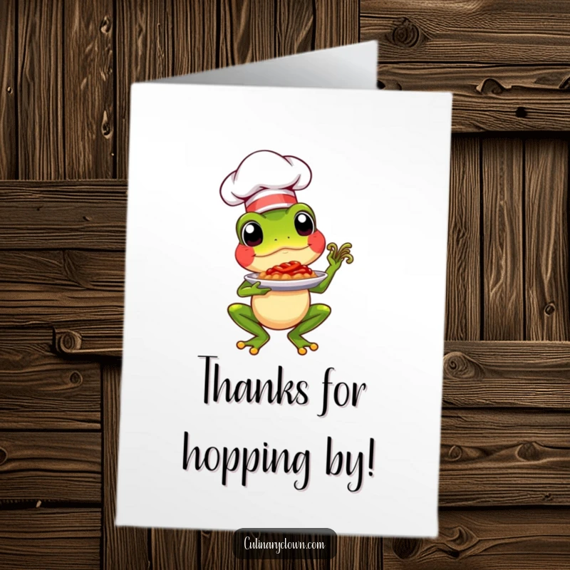 Funny Free Printable Thank You Card: A proud chef frog character presenting a tasty dish, conveying heartfelt thanks.