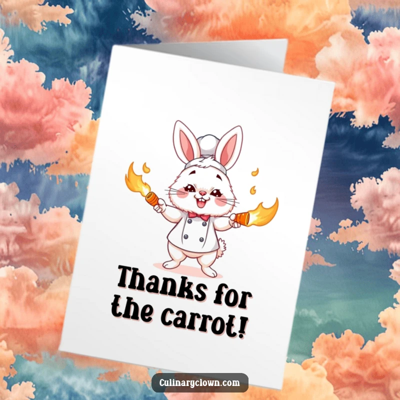 Funny Free Printable Thank You Card: Fluffy bunny chef intensely juggling flaming carrots, showing gratitude with a fiery flair.