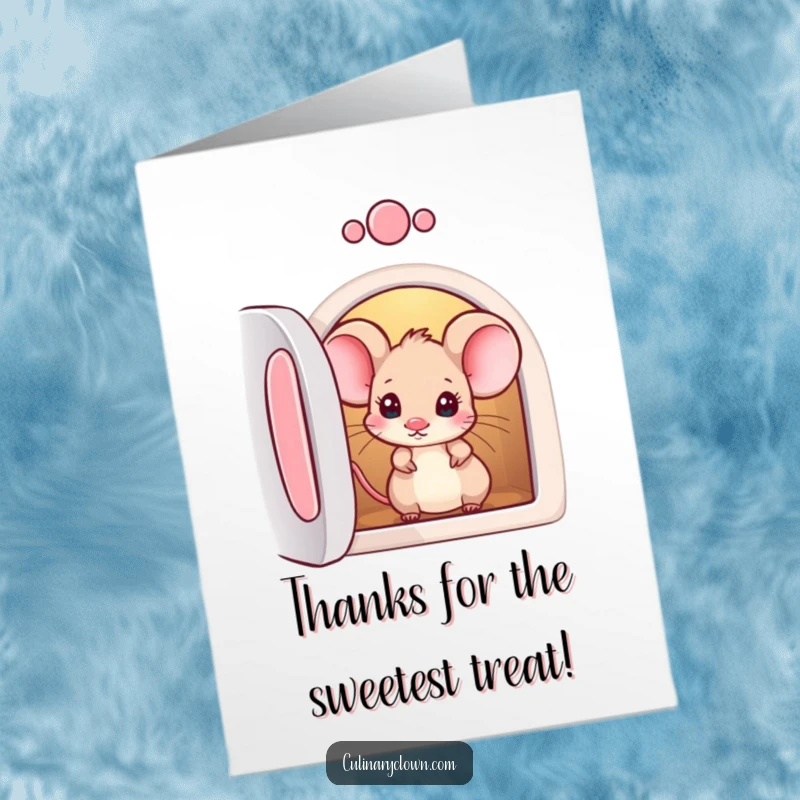 Funny Free Printable Thank You Card: A curious little mouse peeking into an oven, conveying thanks with a playful spirit.