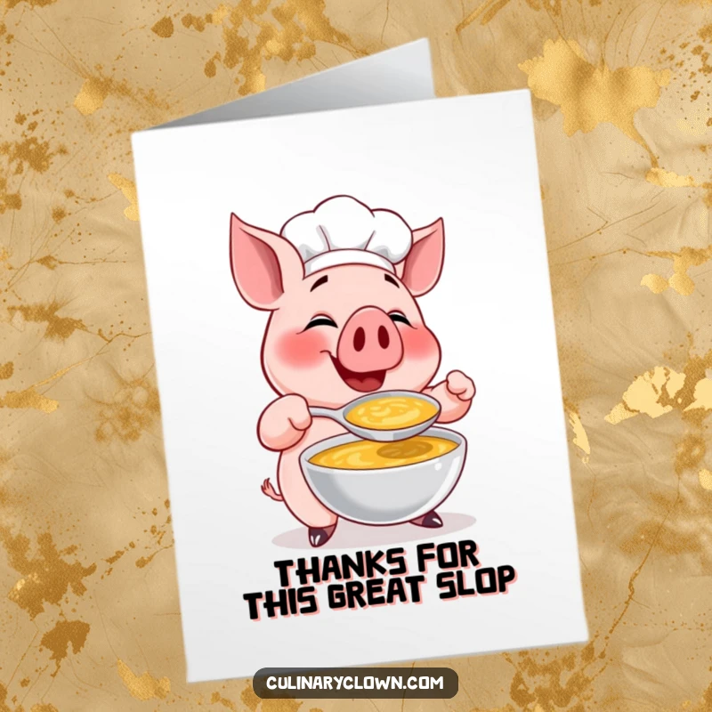 Funny Free Printable Thank You Card: A pig chef gleefully tastes a massive spoonful of soup, expressing thanks.